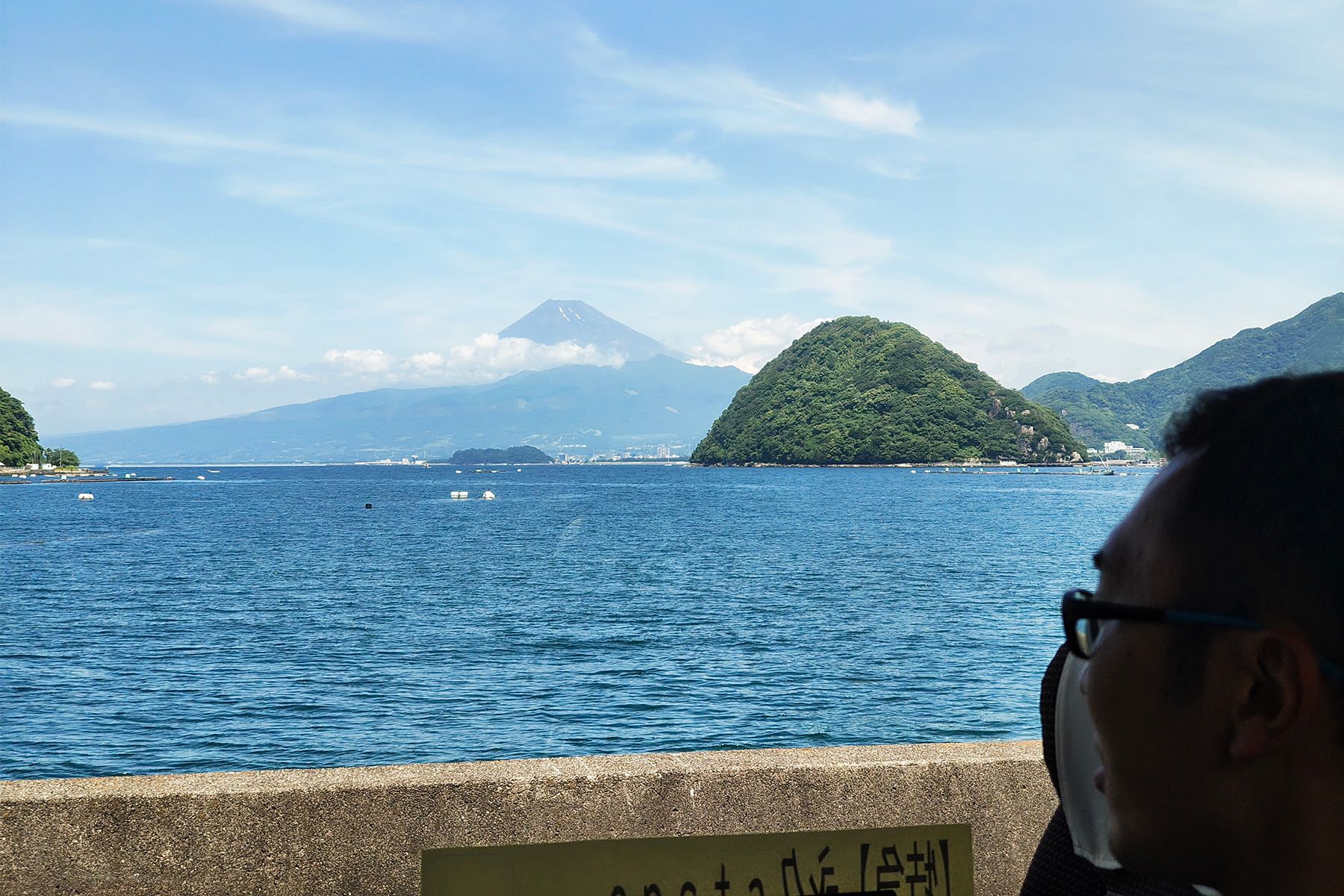 バスの窓越しに淡島と富士山を望む